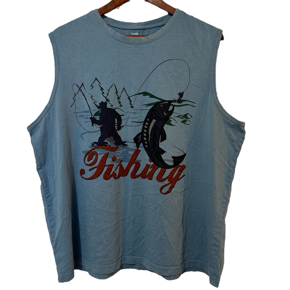 Graphic Fishing Sleeveless Boxy Fit Tank Top Blue Cotton Lake Outdoors Fish XL